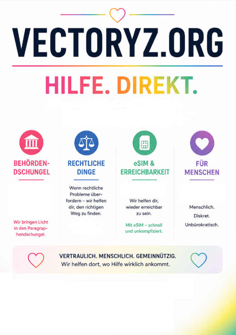 VECTORYZ.org Flyer II (Mai 2026) — Hilfe. Direkt. Vier Säulen: Behörden-Dschungel, Rechtliche Dinge, eSIM & Erreichbarkeit, Für Menschen. Vertraulich · Menschlich · Gemeinnützig.