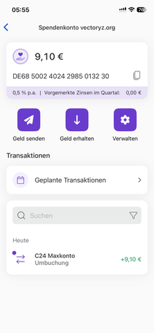 Banking-App Screenshot Spendenkonto vectoryz.org Saldo 9,10 EUR am 27. Mai 2026