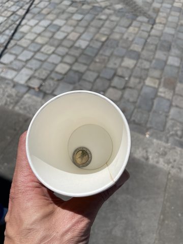 Pappbecher als Sammelgefäß mit erster Münze